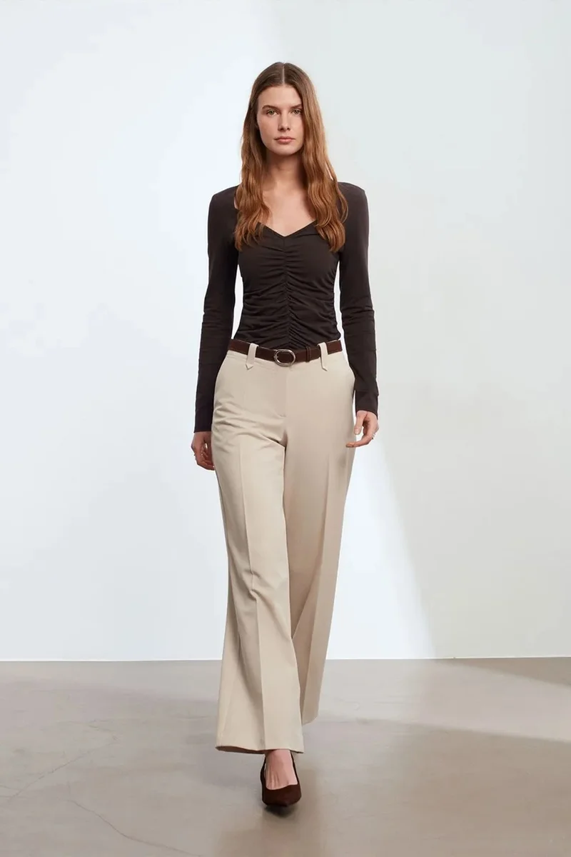 Dilvin Stone Natural DILVIN Mid-Waist Wide-Leg Crepe Trousers for Women | Best Price UAE