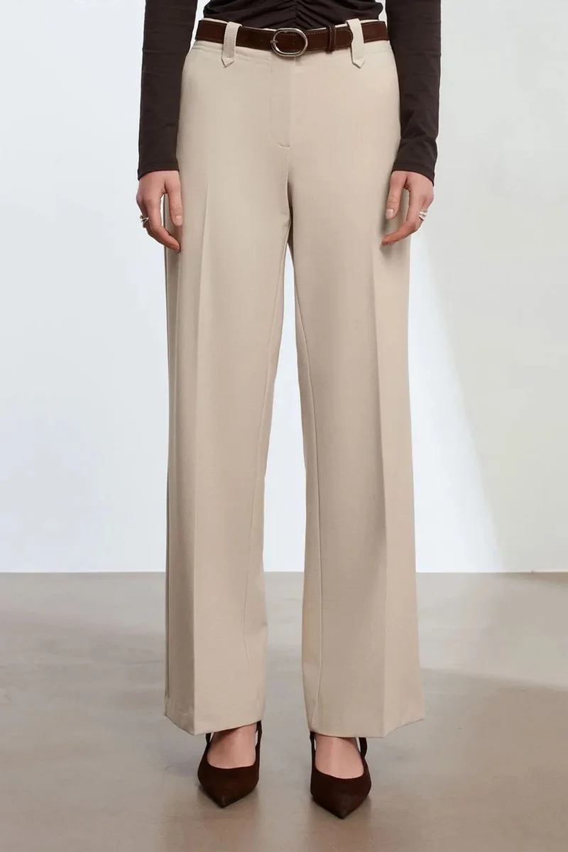 Dilvin Stone Natural DILVIN Mid-Waist Wide-Leg Crepe Trousers for Women | Best Price UAE