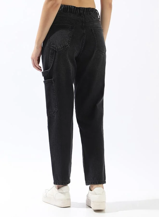 هاي ستار Women's Black 100% Cotton Textured Full Mom Fit Jeans