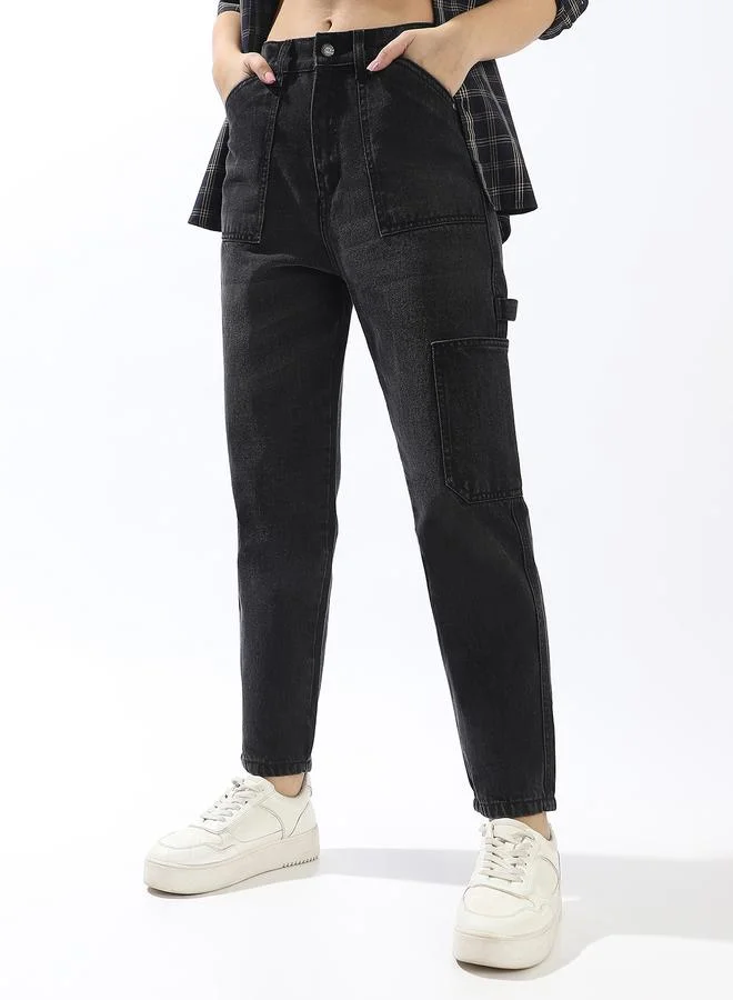 هاي ستار Women's Black 100% Cotton Textured Full Mom Fit Jeans