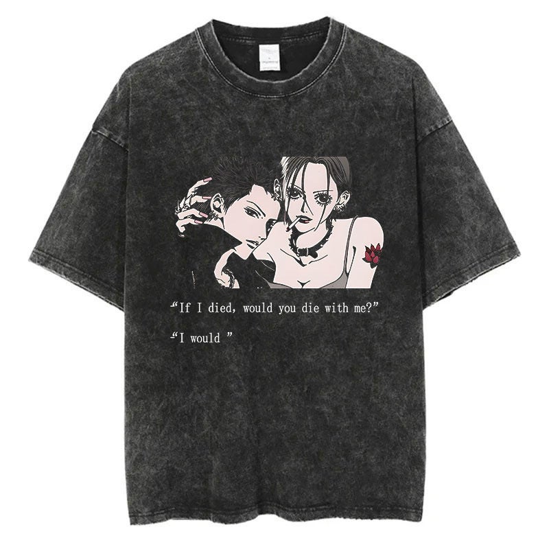 New Vintage American Style Streetwear Cotton T-Shirt Short Sleeves Cartoon Anime Old NANA Washing Printing Harajuku Clothing 10 vintage black 
