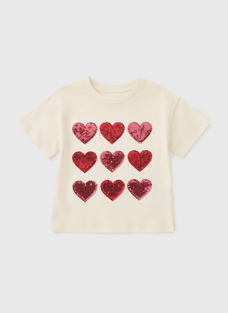Matalan Girls Cream Heart Sequin T-Shirt
