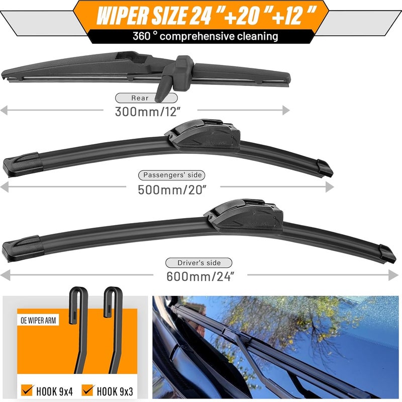 AUTOBOO 24"+20" Windshield Wipers with 12 Inch Rear Wiper Blade Replacement for Toyota 4runner 2010 2011 2012 2013 2014 2015 2016 2017 2018 2019 2022 2023 2024 -Original Factory Quality (Pack of 3) - Image 3