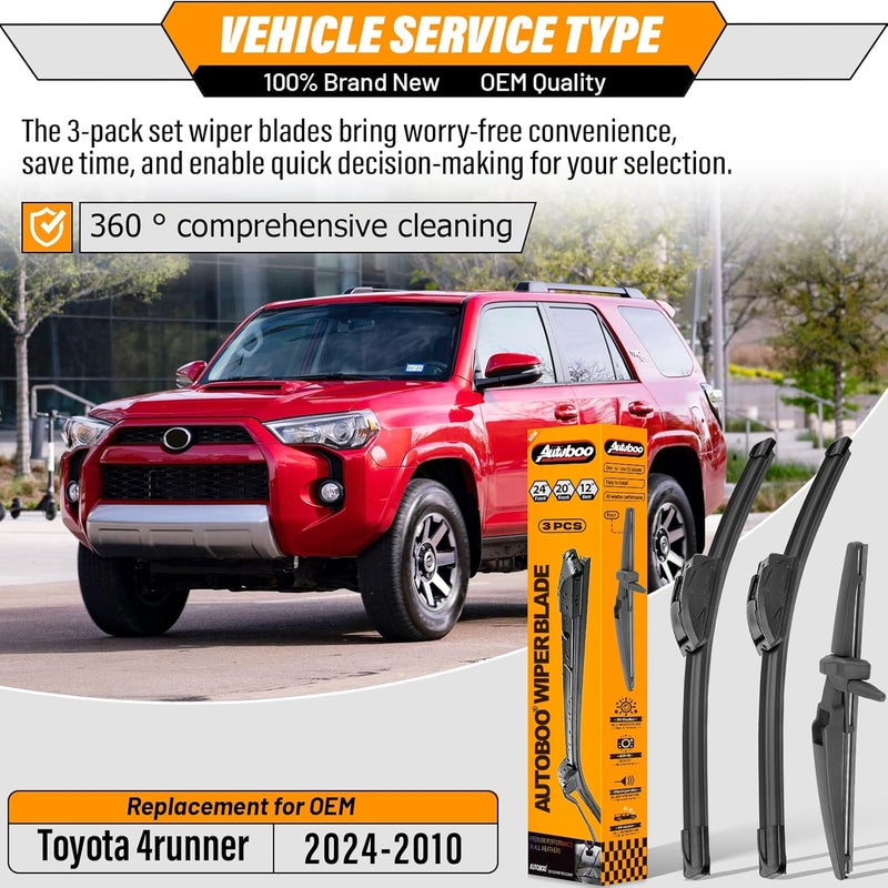 AUTOBOO 24"+20" Windshield Wipers with 12 Inch Rear Wiper Blade Replacement for Toyota 4runner 2010 2011 2012 2013 2014 2015 2016 2017 2018 2019 2022 2023 2024 -Original Factory Quality (Pack of 3) - Image 2