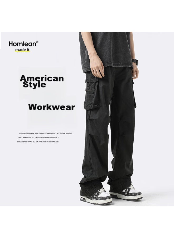 Homlean American-style Functional Cargo Pants For Men, Summer Straight-leg Retro Wide-leg Paratrooper Casual Trousers, 113 Black XL - Image 1