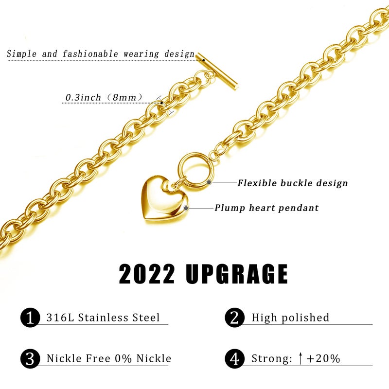 Loyallook 3Sets Heart Pendant Necklace Toggle Chain Heart Bracelet Heart Stud Earrings For Women Stainless Steel Charm Love Heart Jewelry Set Gold Tone For Halloween - Image 3