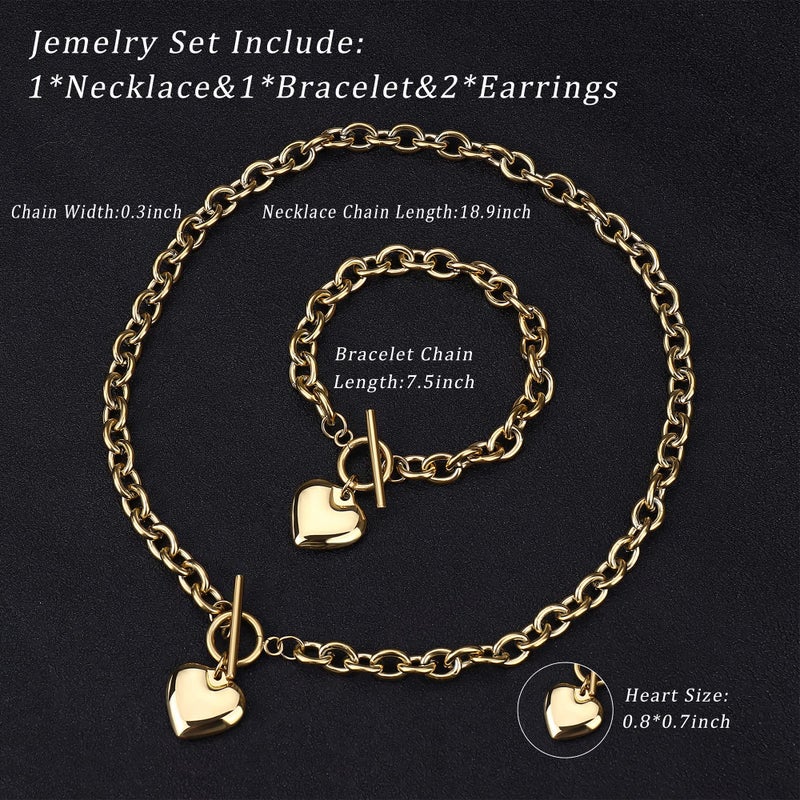 Loyallook 3Sets Heart Pendant Necklace Toggle Chain Heart Bracelet Heart Stud Earrings For Women Stainless Steel Charm Love Heart Jewelry Set Gold Tone For Halloween - Image 4