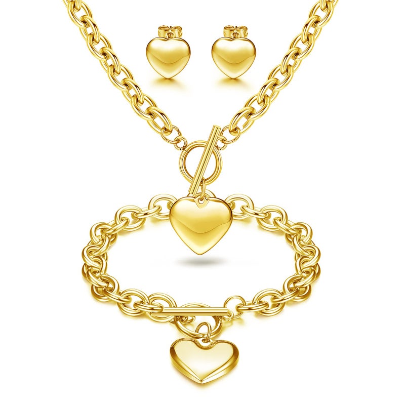 Loyallook 3Sets Heart Pendant Necklace Toggle Chain Heart Bracelet Heart Stud Earrings For Women Stainless Steel Charm Love Heart Jewelry Set Gold Tone For Halloween - Image 1