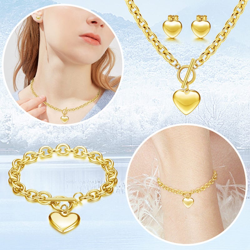 Loyallook 3Sets Heart Pendant Necklace Toggle Chain Heart Bracelet Heart Stud Earrings For Women Stainless Steel Charm Love Heart Jewelry Set Gold Tone For Halloween - Image 5