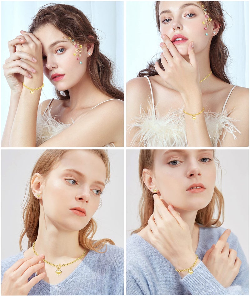 Loyallook 3Sets Heart Pendant Necklace Toggle Chain Heart Bracelet Heart Stud Earrings For Women Stainless Steel Charm Love Heart Jewelry Set Gold Tone For Halloween - Image 2