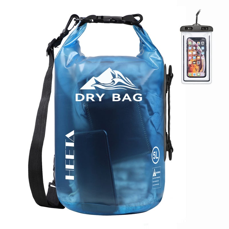 HEETA Dry Bag Waterproof for Women Men, Roll Top Lightweight Dry Storage Bag Backpack with Phone Case for Travel, Swimming, Boating, Kayaking, Camping and Beach (Transparent Blue, 5L) - Image 1