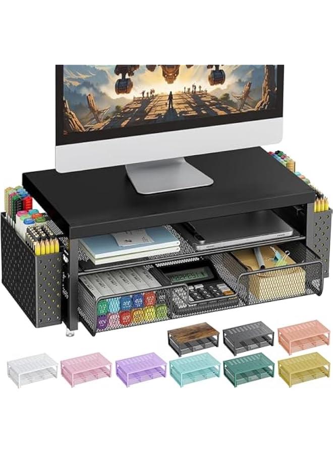 Arabest Wood Monitor Stand Riser, Office Desk Shelf Organizer, Desk Organizer with Drawer and Pen Holder, 2-Tier Computer Stand, Office Organization (Ink)  - Image 1