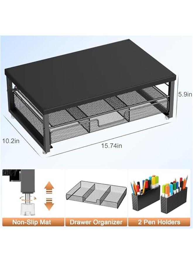 Arabest Wood Monitor Stand Riser, Office Desk Shelf Organizer, Desk Organizer with Drawer and Pen Holder, 2-Tier Computer Stand, Office Organization (Ink)  - Image 4