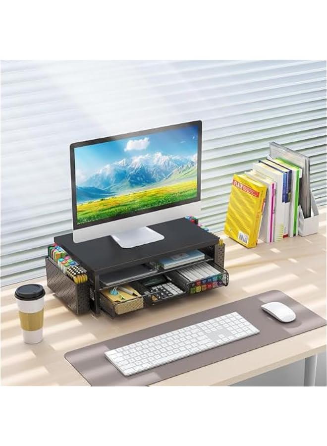 Arabest Wood Monitor Stand Riser, Office Desk Shelf Organizer, Desk Organizer with Drawer and Pen Holder, 2-Tier Computer Stand, Office Organization (Ink)  - Image 5