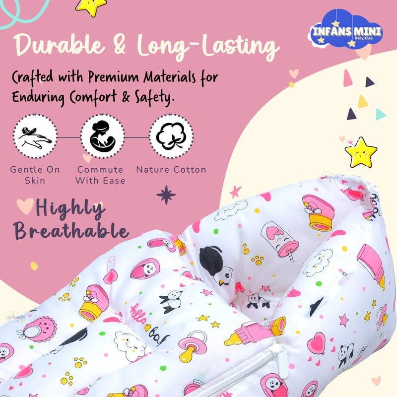 Infans Mini Baby Bed, Sleeping Bag & Carry Nest Cotton|3 in 1 Convertible Portable Bassinet-Nest|Unisex New Born Sleeping Bed for 0-6 Months (Panda Pink) - Image 3