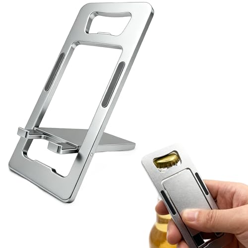 JYWYBF Durable Aluminum Phone Holder with Bottle Opener, Flat iPhone Stand for Desk, Cell Phone Stand for Travel Essentials & Office Accessories (Silver) - Image 1
