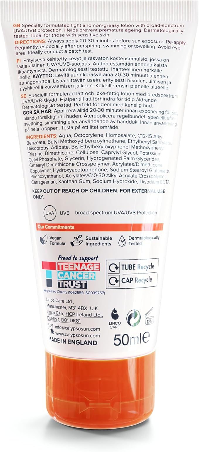 Calypso Sensitive Skin Face Sun Lotion SPF 50 Very High Protection Hypoallergenic Sunscreen Suitable for Kids Water Resistant 50ml - Image 4