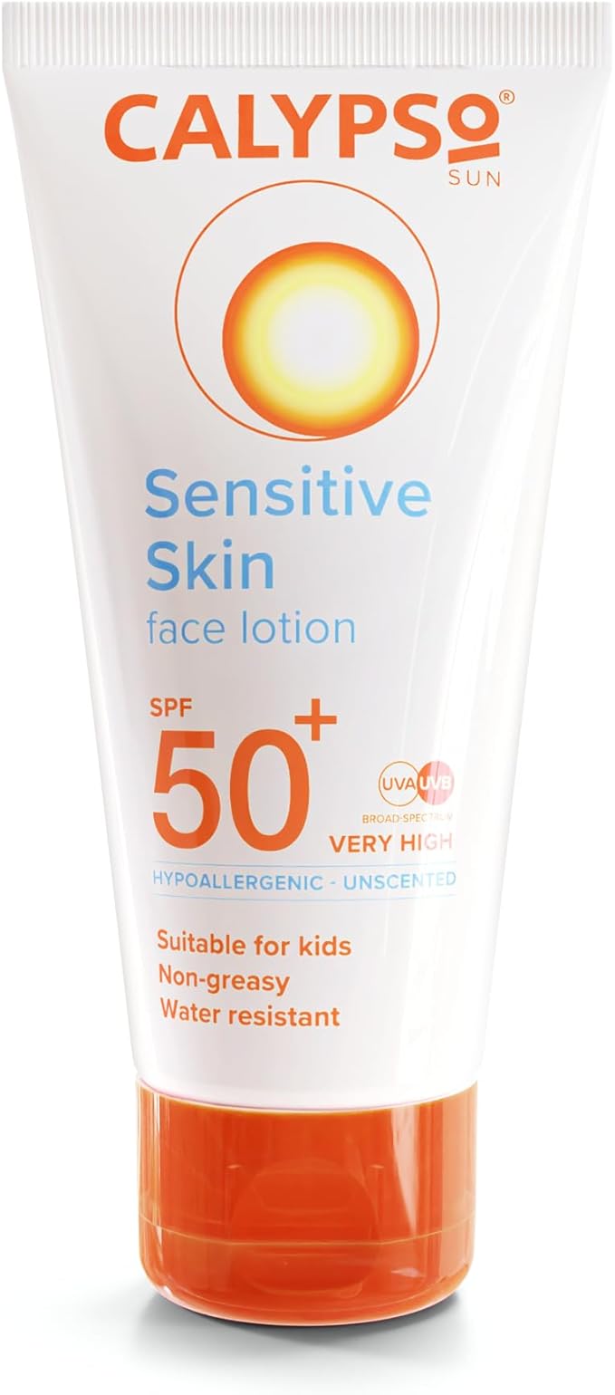 Calypso Sensitive Skin Face Sun Lotion SPF 50 Very High Protection Hypoallergenic Sunscreen Suitable for Kids Water Resistant 50ml - Image 1
