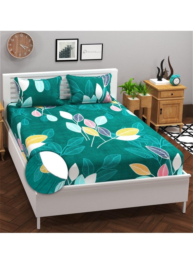 BSB HOME BSB HOME Premium Cotton 210Tc Elastic Fitted Bedsheets with 2 Pillow Covers | Double/Queen Bed with All Around Elastic 220 TC Supersoft Floral Pattren Breathable |Size-78 x72+8 inches |Dark Green  - Image 1