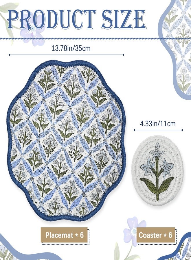 Kuabiz Set of 6 Spring Round Braided Placemats with Coasters 12" Blue Floral Cotton Rope Woven Placemats Washable Scalloped Embroidery Table Mat for 7-10 Inch Plates for Wedding Bridal Shower Party Decor - Image 2