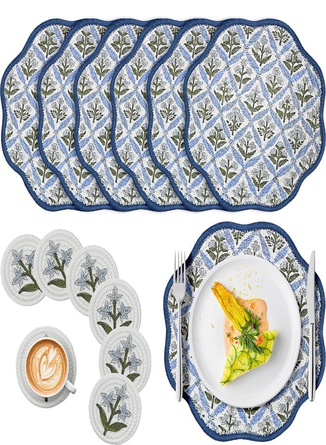 Kuabiz Set of 6 Spring Round Braided Placemats with Coasters 12" Blue Floral Cotton Rope Woven Placemats Washable Scalloped Embroidery Table Mat for 7-10 Inch Plates for Wedding Bridal Shower Party Decor - Image 1