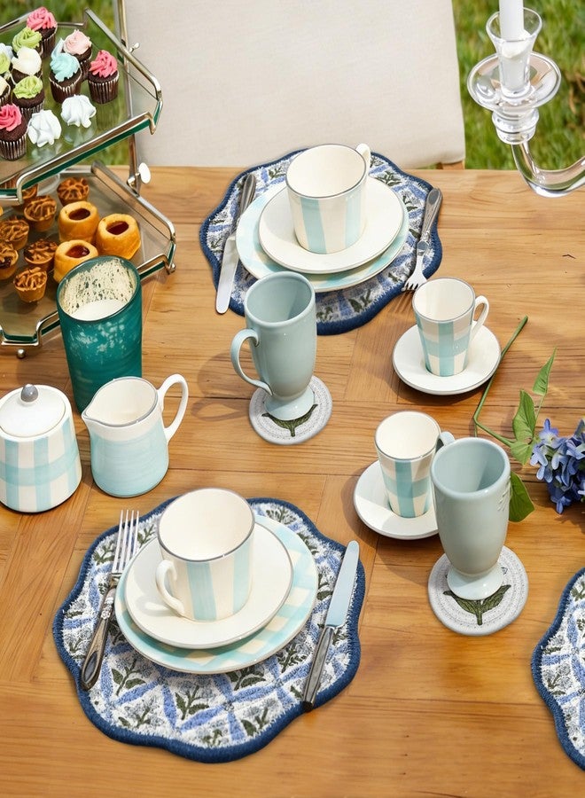 Kuabiz Set of 6 Spring Round Braided Placemats with Coasters 12" Blue Floral Cotton Rope Woven Placemats Washable Scalloped Embroidery Table Mat for 7-10 Inch Plates for Wedding Bridal Shower Party Decor - Image 5
