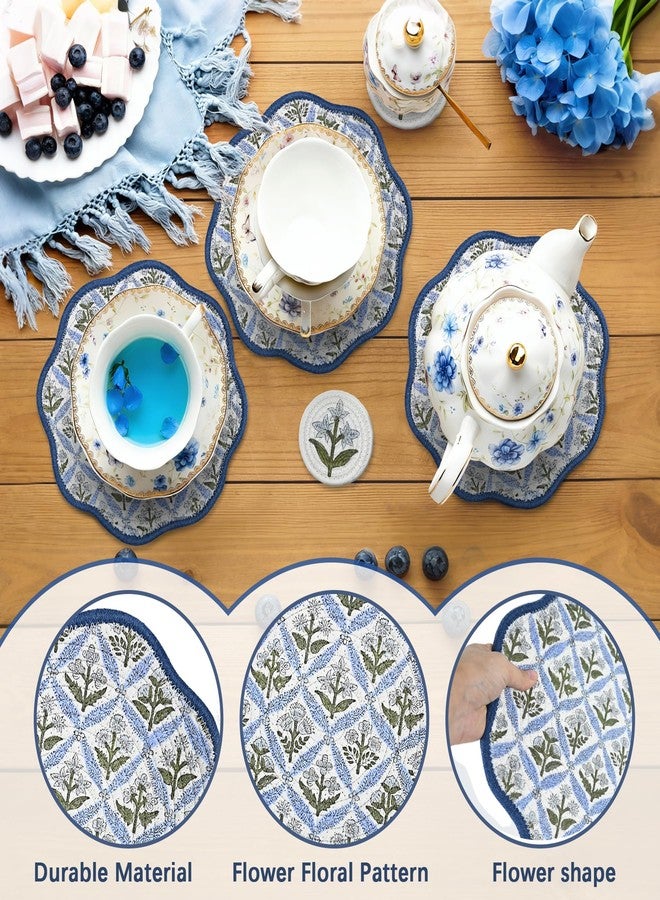 Kuabiz Set of 6 Spring Round Braided Placemats with Coasters 12" Blue Floral Cotton Rope Woven Placemats Washable Scalloped Embroidery Table Mat for 7-10 Inch Plates for Wedding Bridal Shower Party Decor - Image 4