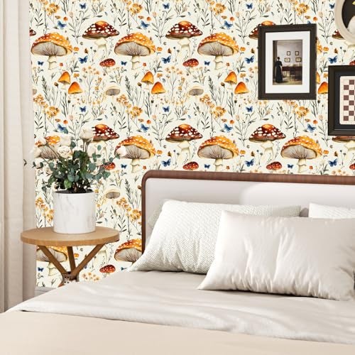BOKEBEVE Mushroom Peel and Stick Wallpaper Beige Colorful Floral Contact Paper Moth Butterfly Wall Paper for Closet Accent Wall Pantry Laundry Room Renter Friendly Removable 17.5 x 118In - Image 4