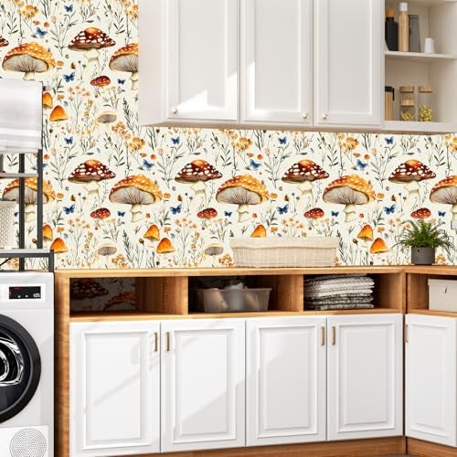 BOKEBEVE Mushroom Peel and Stick Wallpaper Beige Colorful Floral Contact Paper Moth Butterfly Wall Paper for Closet Accent Wall Pantry Laundry Room Renter Friendly Removable 17.5 x 118In - Image 2