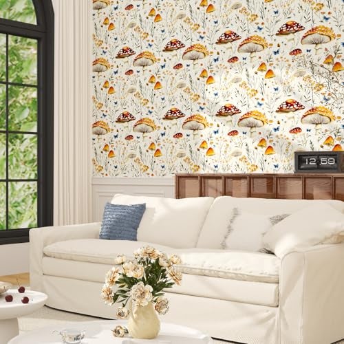 BOKEBEVE Mushroom Peel and Stick Wallpaper Beige Colorful Floral Contact Paper Moth Butterfly Wall Paper for Closet Accent Wall Pantry Laundry Room Renter Friendly Removable 17.5 x 118In - Image 3