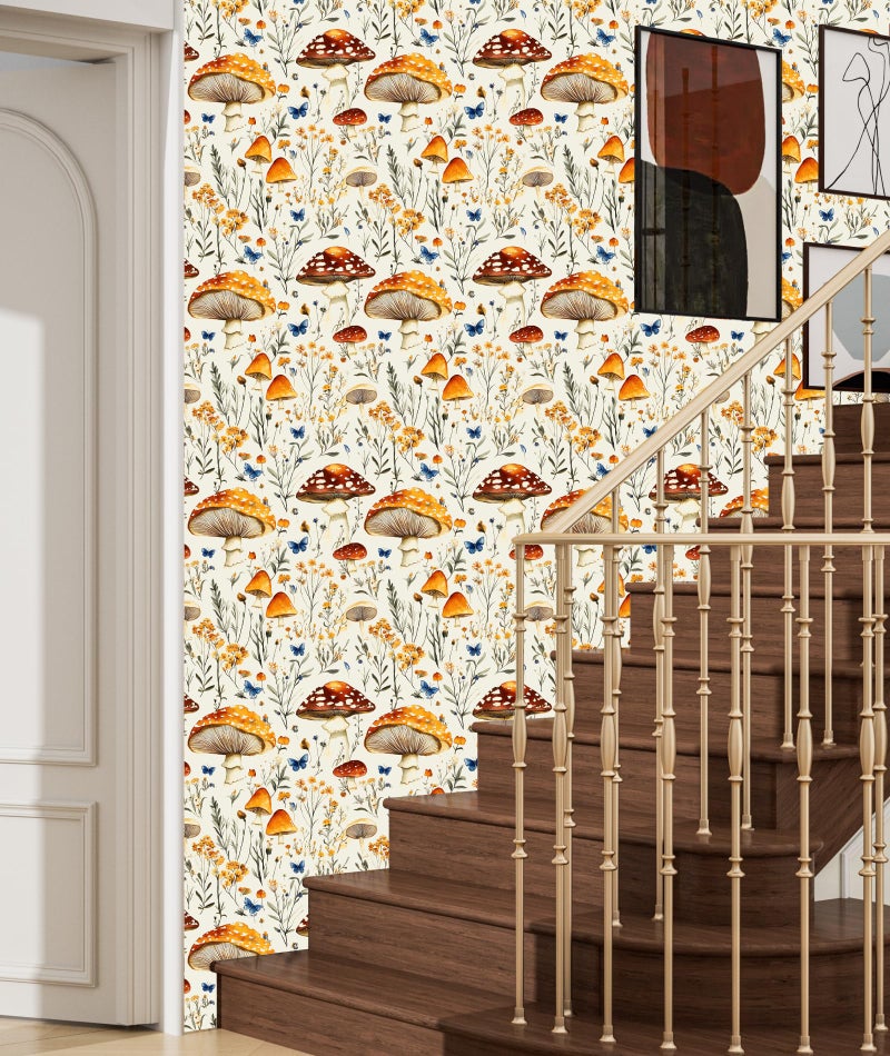 BOKEBEVE Mushroom Peel and Stick Wallpaper Beige Colorful Floral Contact Paper Moth Butterfly Wall Paper for Closet Accent Wall Pantry Laundry Room Renter Friendly Removable 17.5 x 118In - Image 5