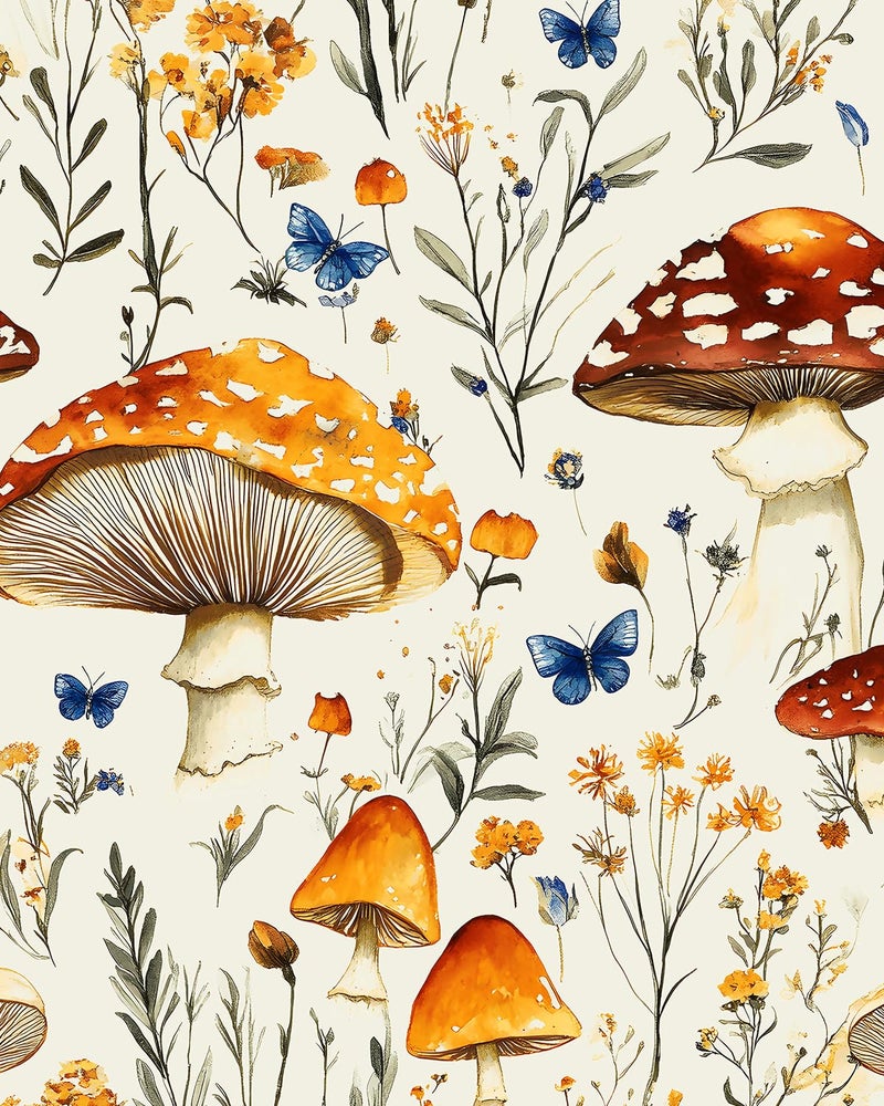 BOKEBEVE Mushroom Peel and Stick Wallpaper Beige Colorful Floral Contact Paper Moth Butterfly Wall Paper for Closet Accent Wall Pantry Laundry Room Renter Friendly Removable 17.5 x 118In - Image 1