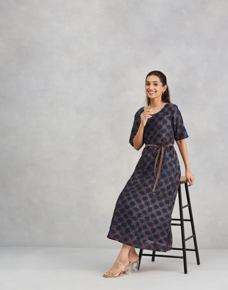 Fabindia Blue Cotton Silk Ajrakh Printed Midi Dress