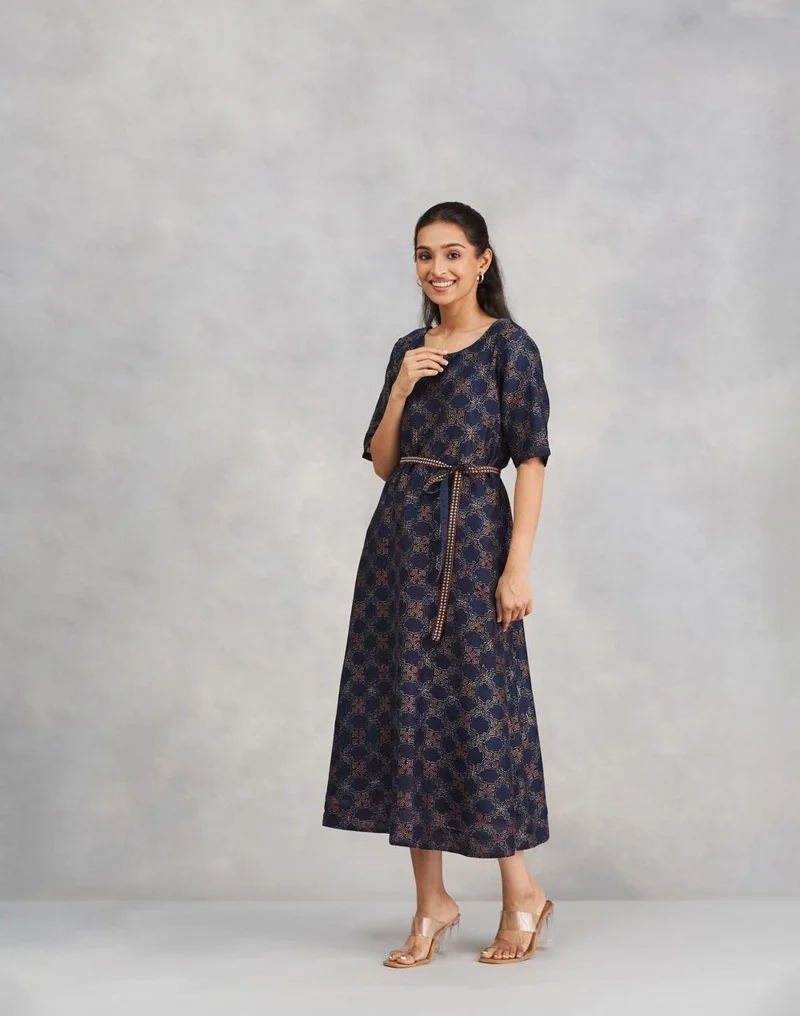 Fabindia Blue Cotton Silk Ajrakh Printed Midi Dress