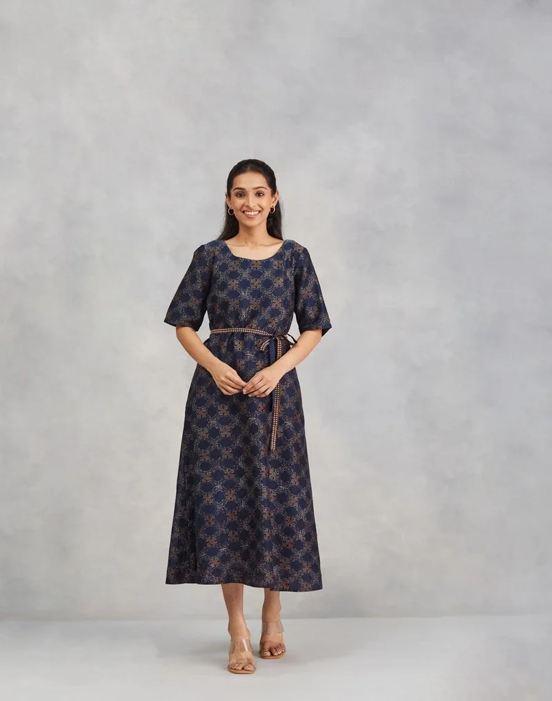 Fabindia Blue Cotton Silk Ajrakh Printed Midi Dress