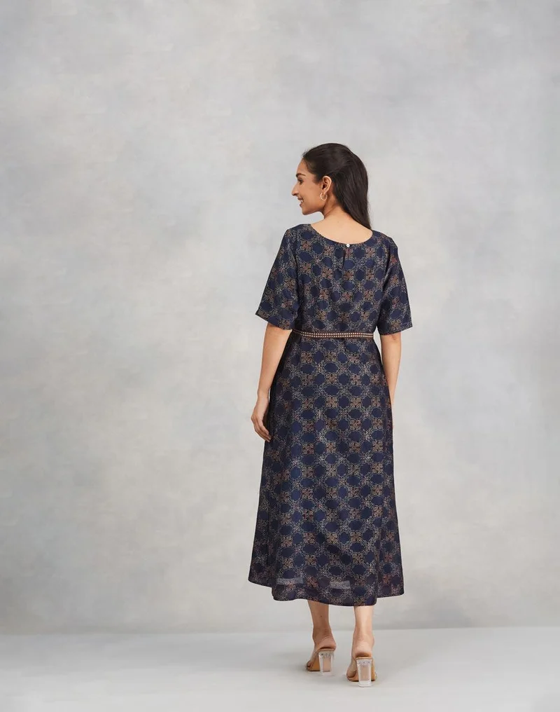 Fabindia Blue Cotton Silk Ajrakh Printed Midi Dress