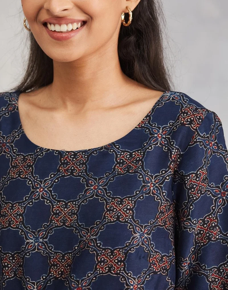 Fabindia Blue Cotton Silk Ajrakh Printed Midi Dress