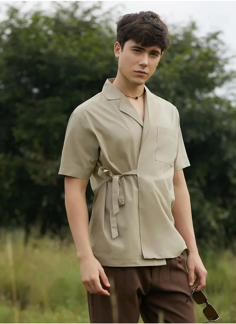 Campus Sutra Men's Khaki Brown Korean Wrap Shirt