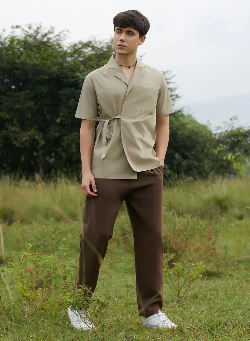 Campus Sutra Men's Khaki Brown Korean Wrap Shirt