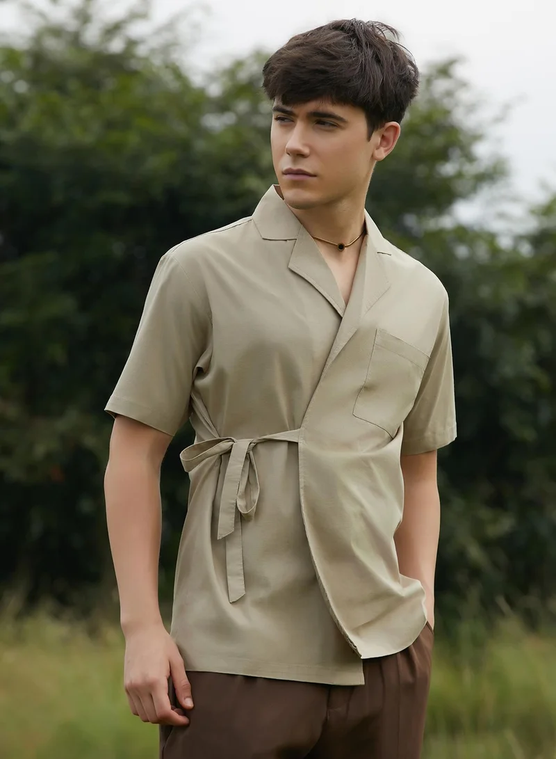 Campus Sutra Men's Khaki Brown Korean Wrap Shirt