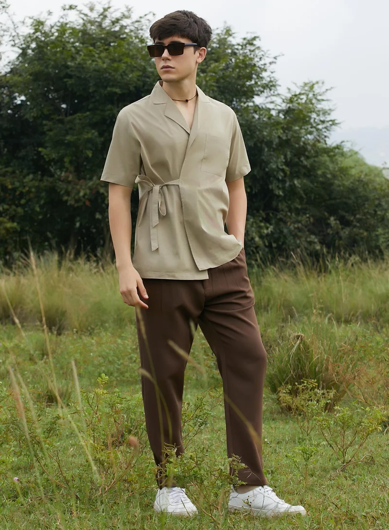 Campus Sutra Men's Khaki Brown Korean Wrap Shirt