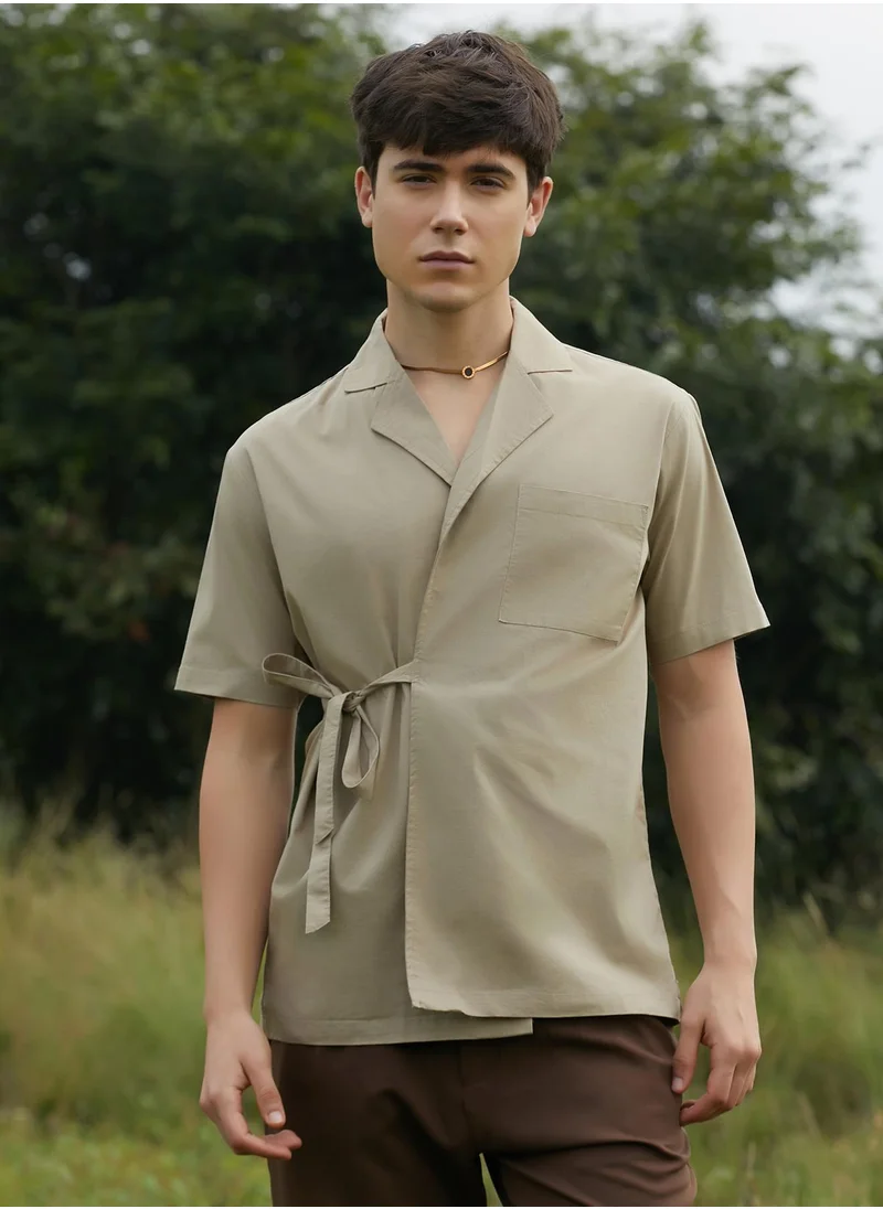 Campus Sutra Men's Khaki Brown Korean Wrap Shirt