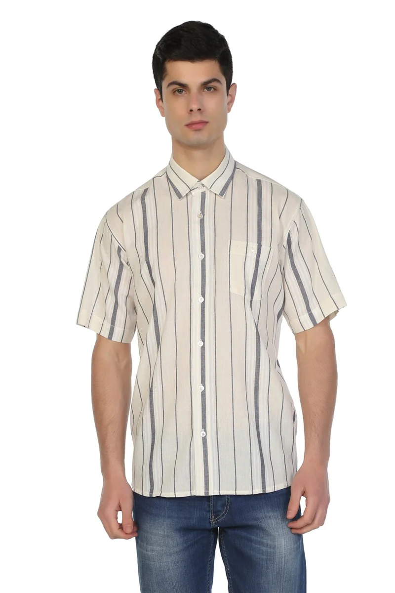 اليش شيل بيزي Short Sleeve Şile Cloth Single Pocket Men's Shirt Ecru Gray Striped 3028