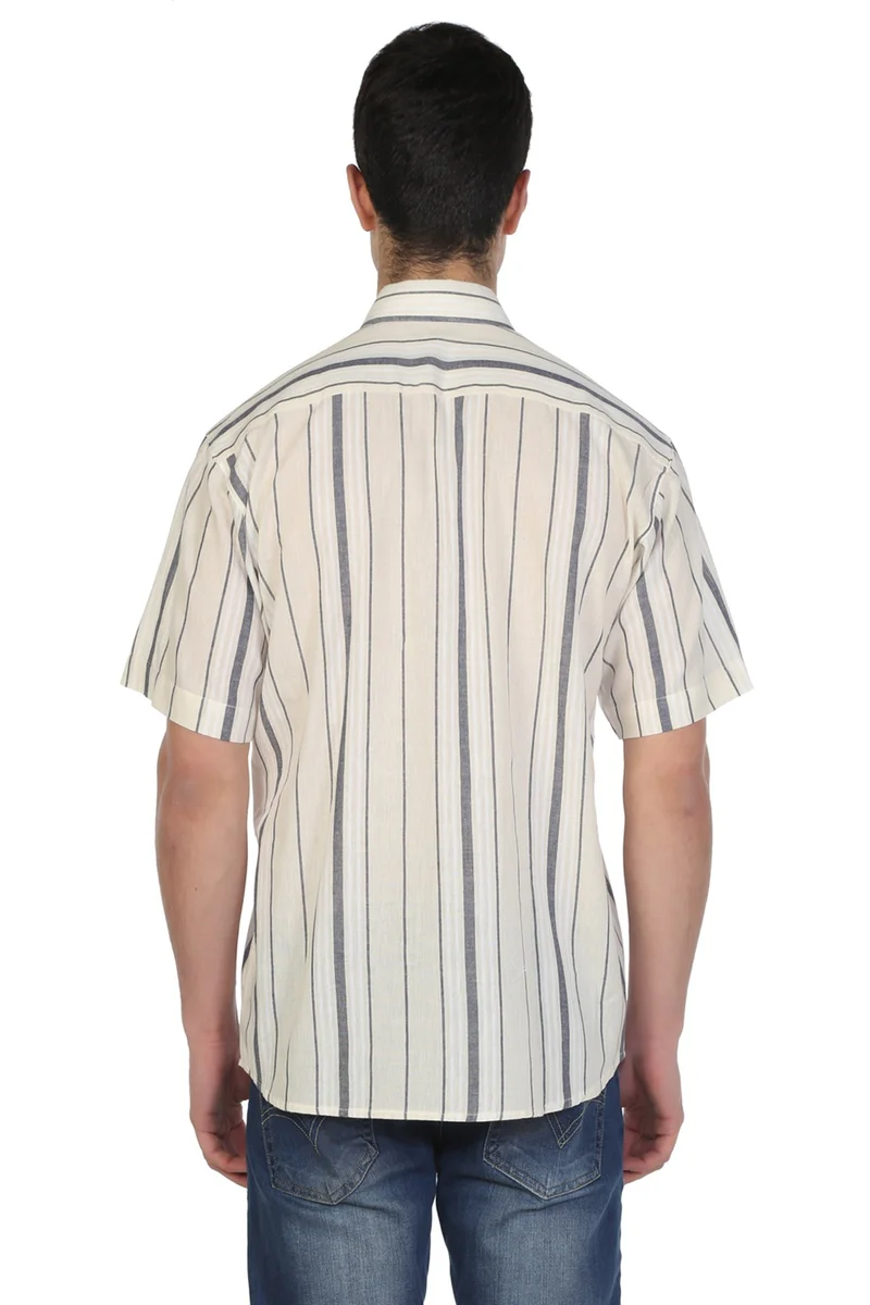 اليش شيل بيزي Short Sleeve Şile Cloth Single Pocket Men's Shirt Ecru Gray Striped 3028