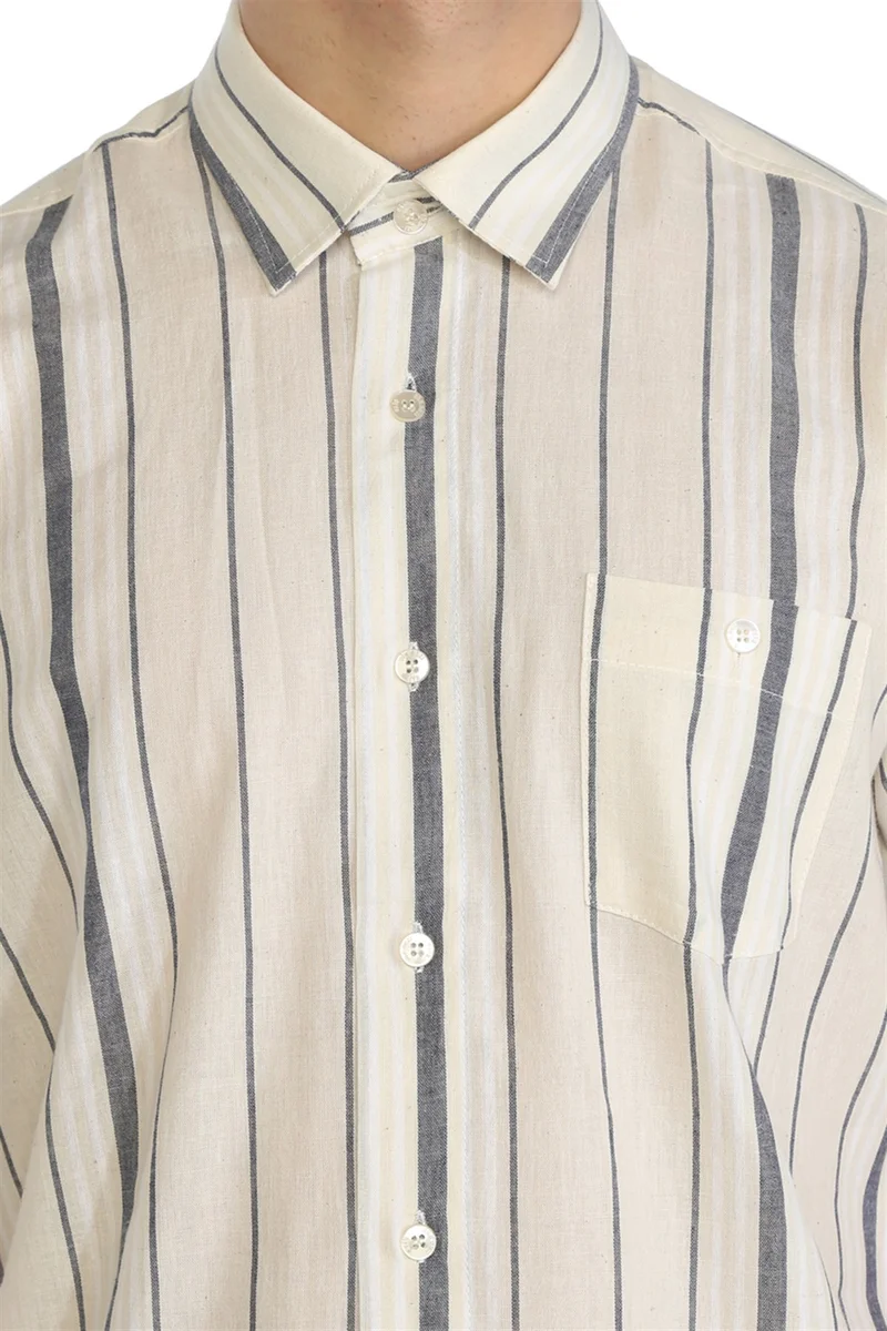اليش شيل بيزي Short Sleeve Şile Cloth Single Pocket Men's Shirt Ecru Gray Striped 3028