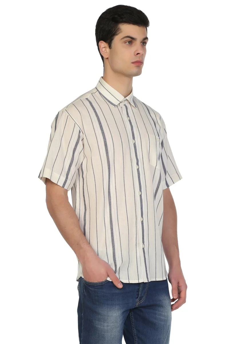اليش شيل بيزي Short Sleeve Şile Cloth Single Pocket Men's Shirt Ecru Gray Striped 3028