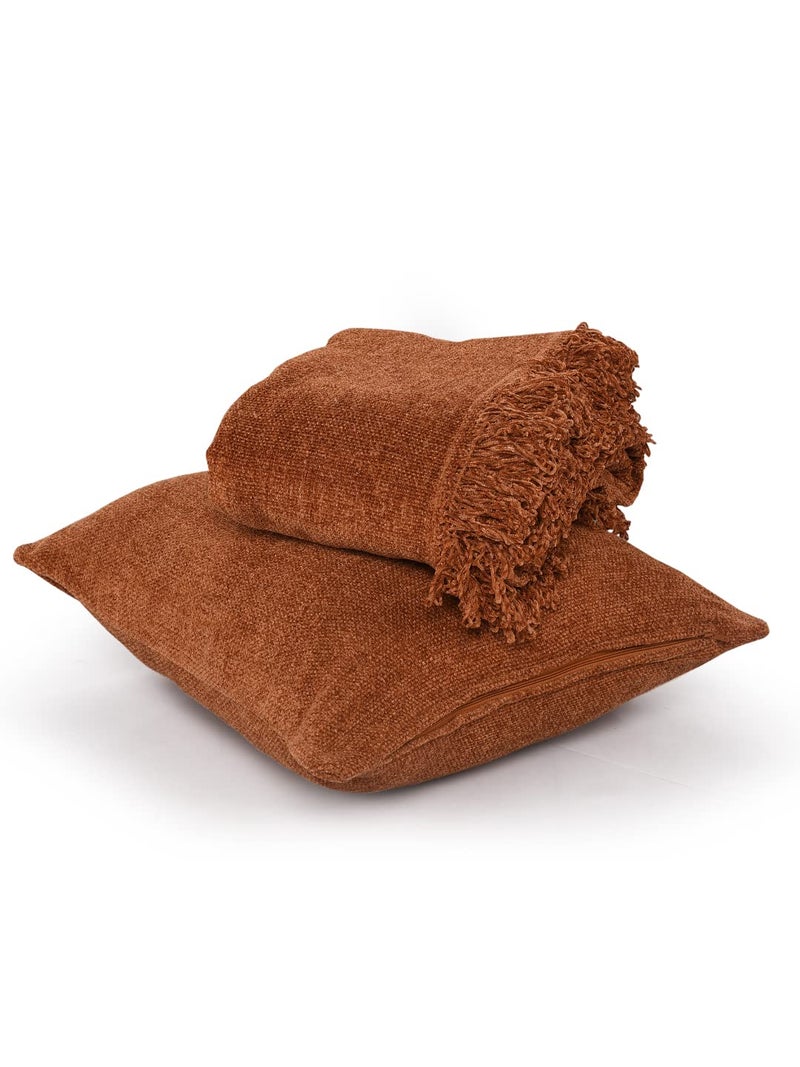 SASHAA WORLD Solid Soft Chenille Throw Blanket for Sofa, Bed & Couch with Cushion Cover Set | Rust Throw & Cushion Cover | Throw-130x180 cm, Cushion-45x45 cm, Wrinkle_Resistant - Image 1