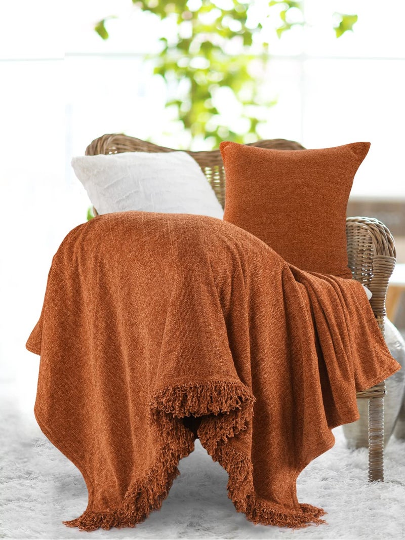SASHAA WORLD Solid Soft Chenille Throw Blanket for Sofa, Bed & Couch with Cushion Cover Set | Rust Throw & Cushion Cover | Throw-130x180 cm, Cushion-45x45 cm, Wrinkle_Resistant - Image 2