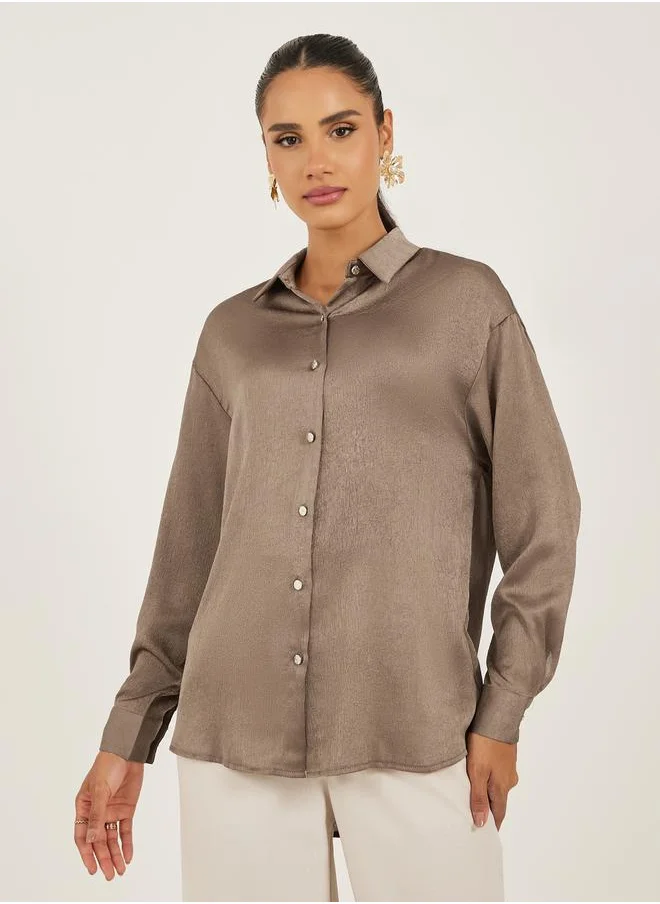 ستايلي Brown Textured Long Sleeve Oversized Shirt