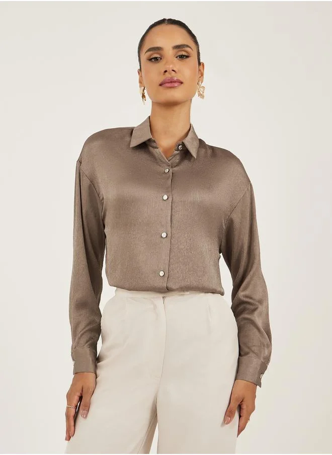 ستايلي Brown Textured Long Sleeve Oversized Shirt